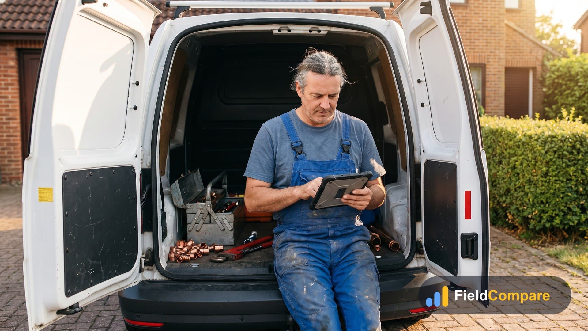 Plumbing business owner in blue overalls checking a tablet while sitting in the open back of a white service van