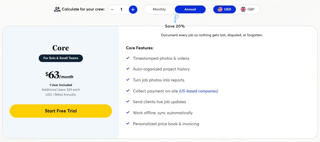 Screenshot of the CompanyCam pricing page on September 24, 2026 showing the Core plan at $63 per month billed annually with one user included and additional users at $29 each